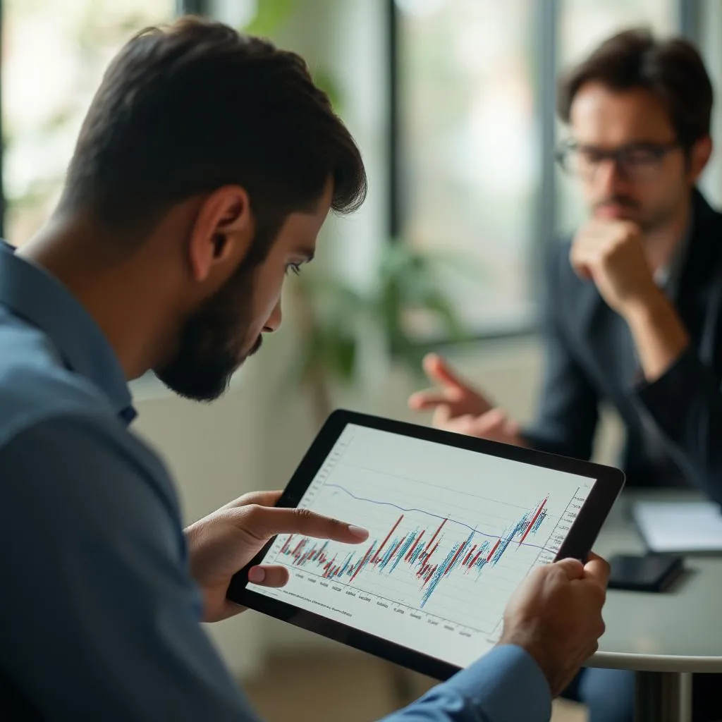 Consultor financiero presentando a cliente en Colombia